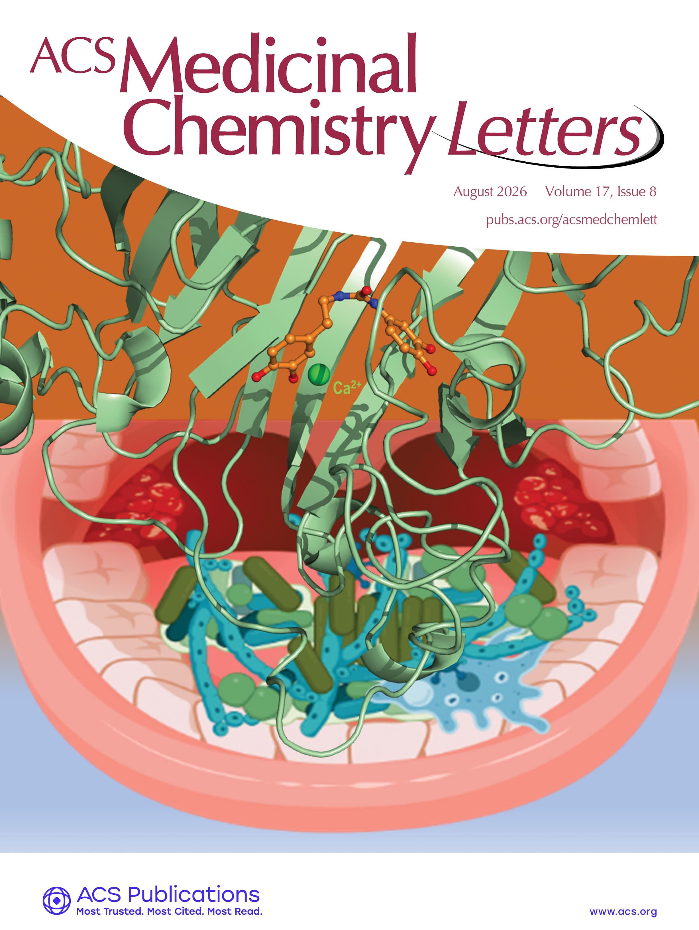 ACS Medicinal Chemistry Letters August 2026 cover art featuring the Streptococcus mutans antigen I/II publication